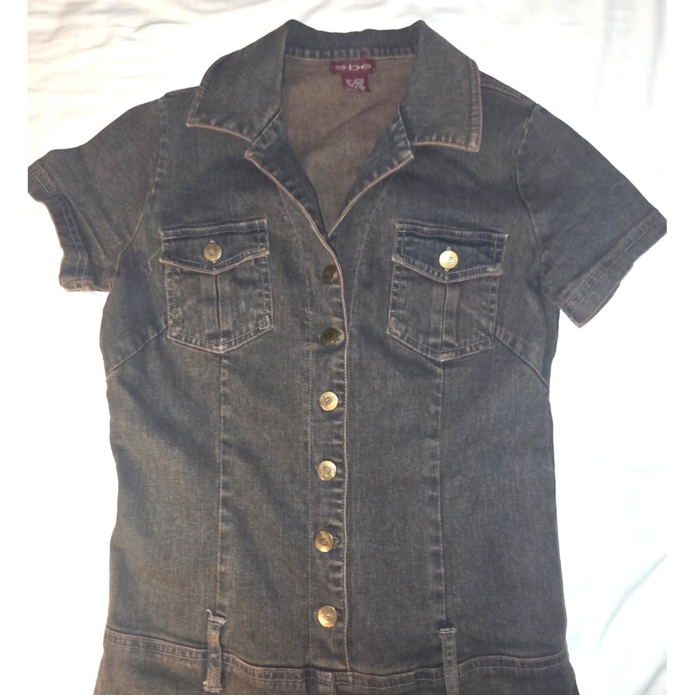 Vtg Bebe Y2K Denim Jumpsuit M Flare Leg Stretch Catsuit McBling Baddie Moto - Picture 8 of 12